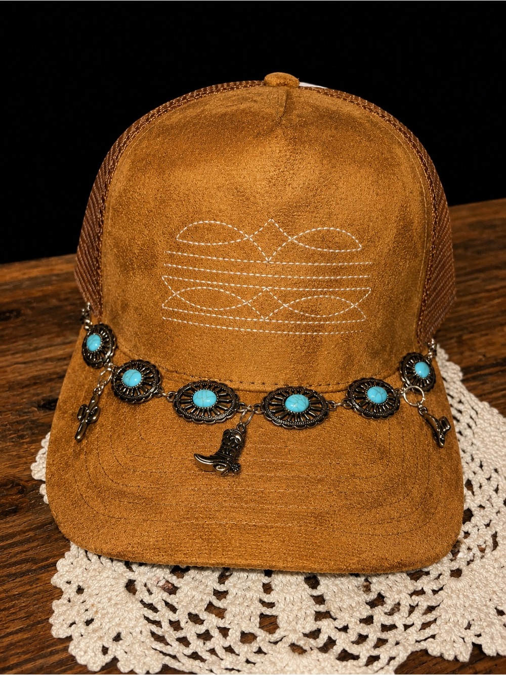 Women’s Suede-Look Brown Trucker Hat with Turquoise Concho Chain